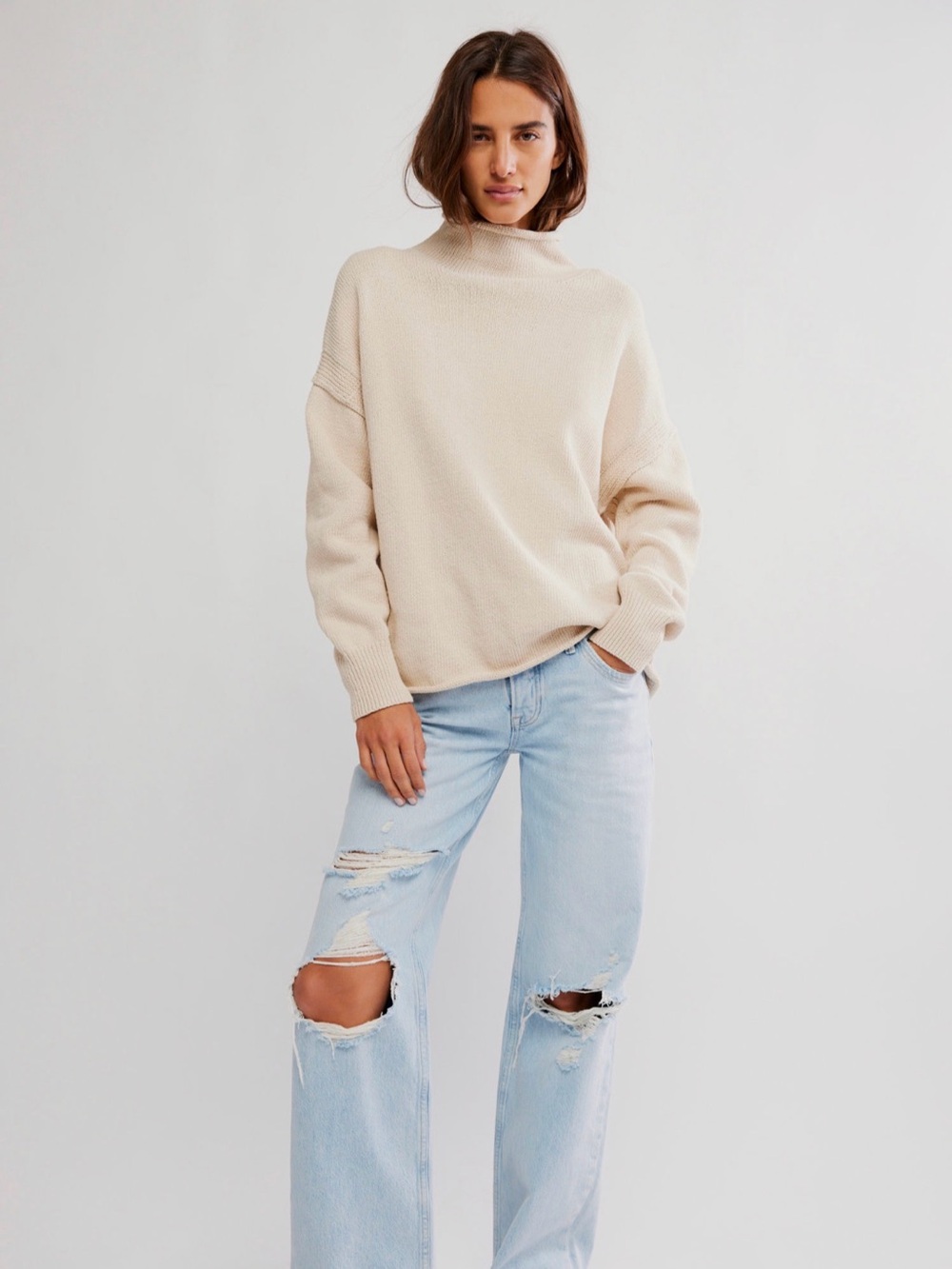 We The Free Torres Roll Neck Soft Cream Sweater (sugar swizzle)